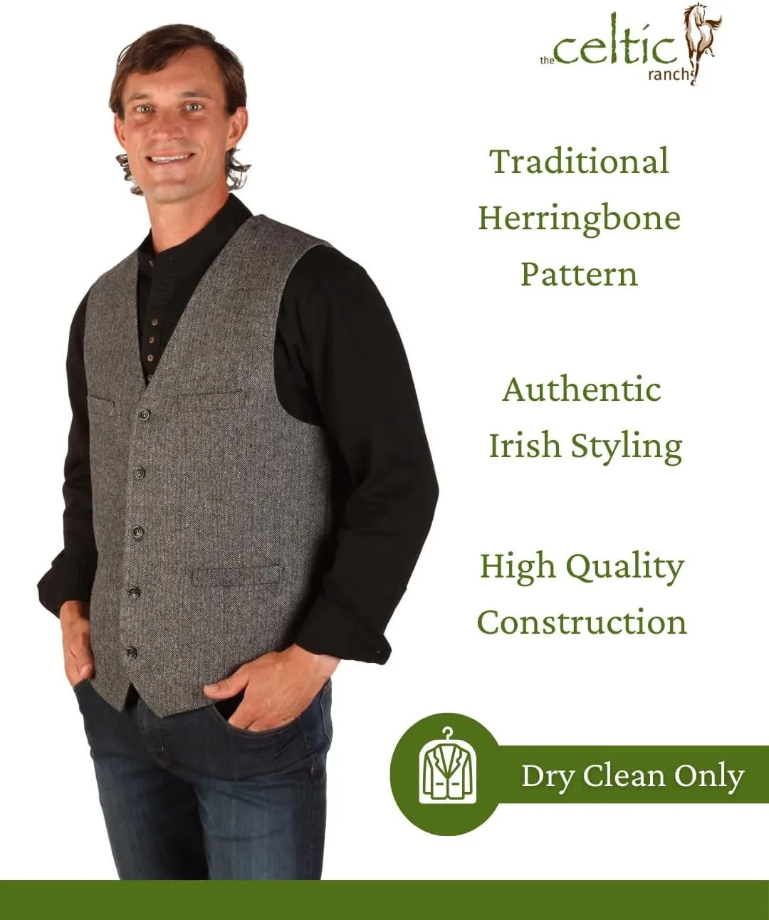 Mens 50% Wool Tweed Vest, Full Back with Fabric Belt, 4 Pockets, Herringbone Pattern, Grey