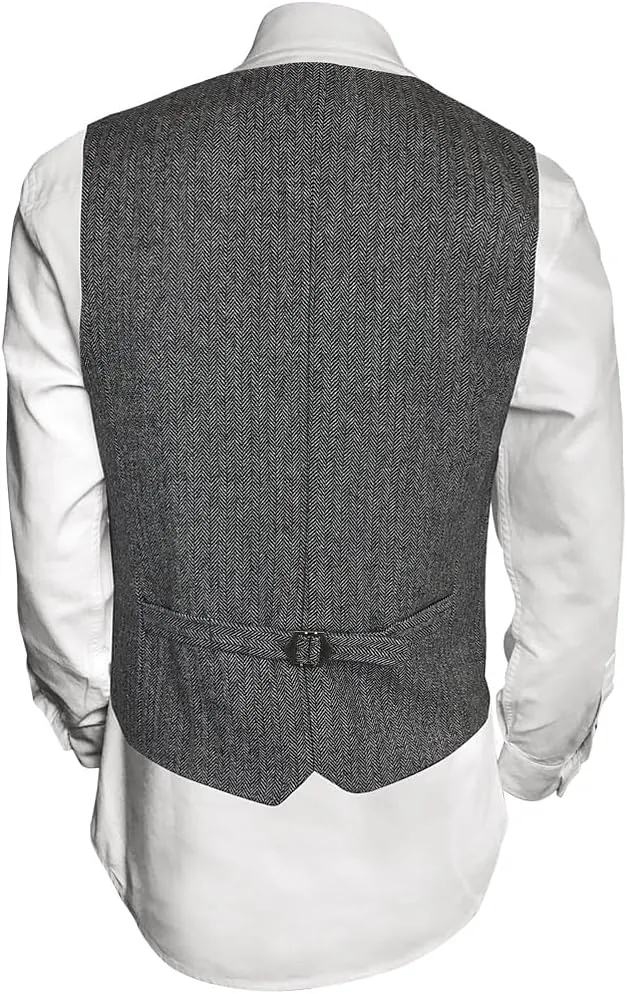 Mens 50% Wool Tweed Vest, Full Back with Fabric Belt, 4 Pockets, Herringbone Pattern, Grey