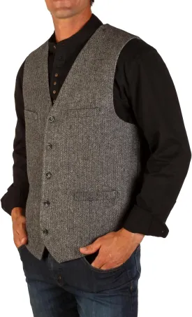 Mens 50% Wool Tweed Vest, Full Back with Fabric Belt, 4 Pockets, Herringbone Pattern, Grey