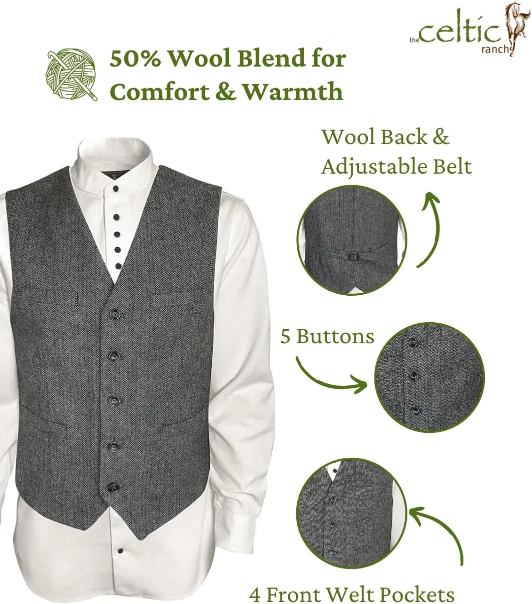 Mens 50% Wool Tweed Vest, Full Back with Fabric Belt, 4 Pockets, Herringbone Pattern, Grey