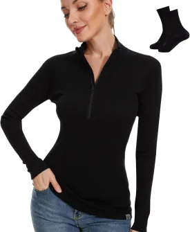 MERINNOVATION Merino Wool Base Layer for Womens Wool Half Zip Sweater Midweight 240gsm