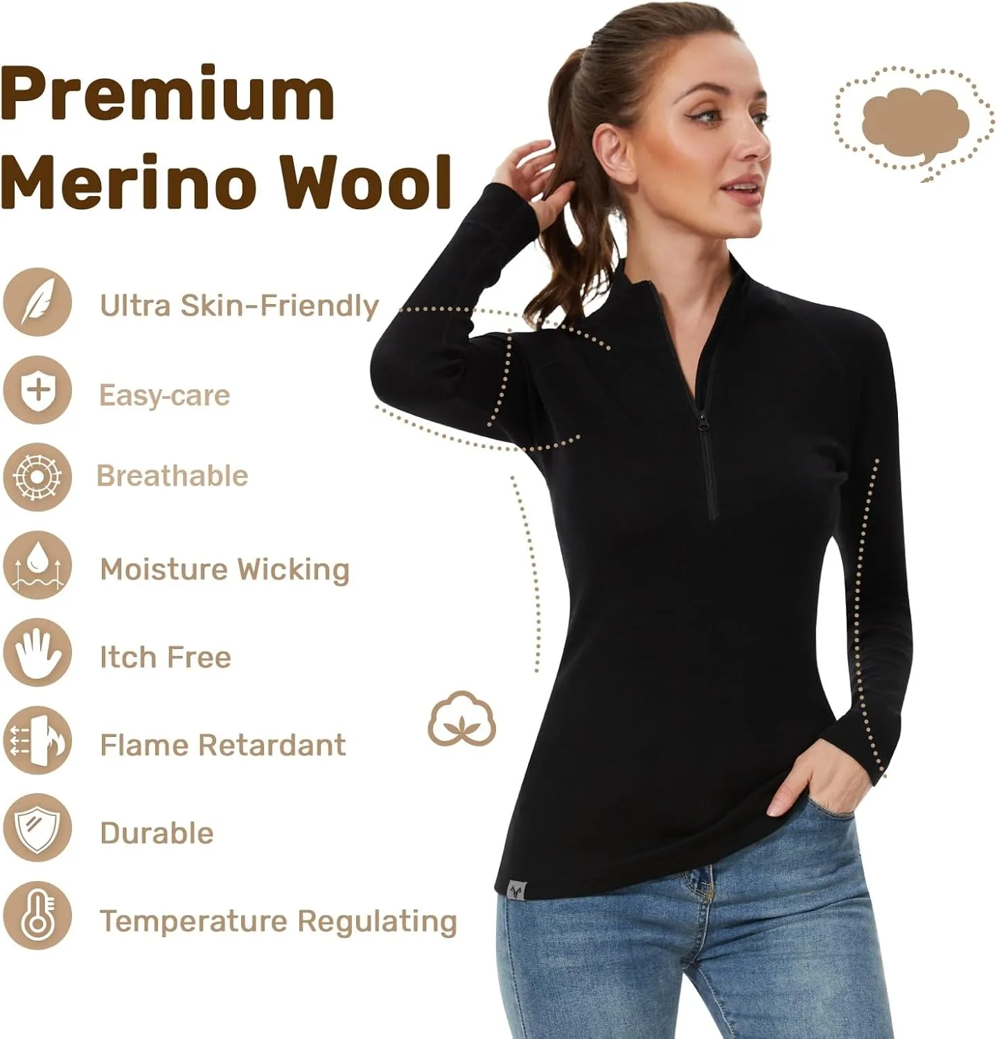MERINNOVATION Merino Wool Base Layer for Womens Wool Half Zip Sweater Midweight 240gsm