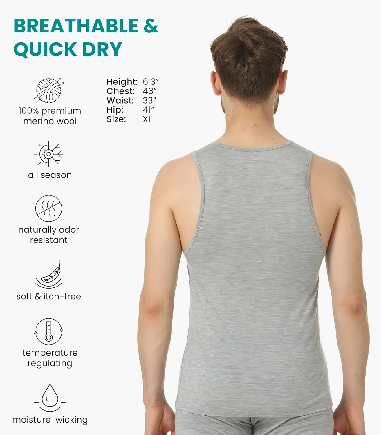 Merino Wool Tank Top Men - Active Merino Wool Undershirt Moisture Wicking Breathable Anti-Odor Lightweight Base Layer