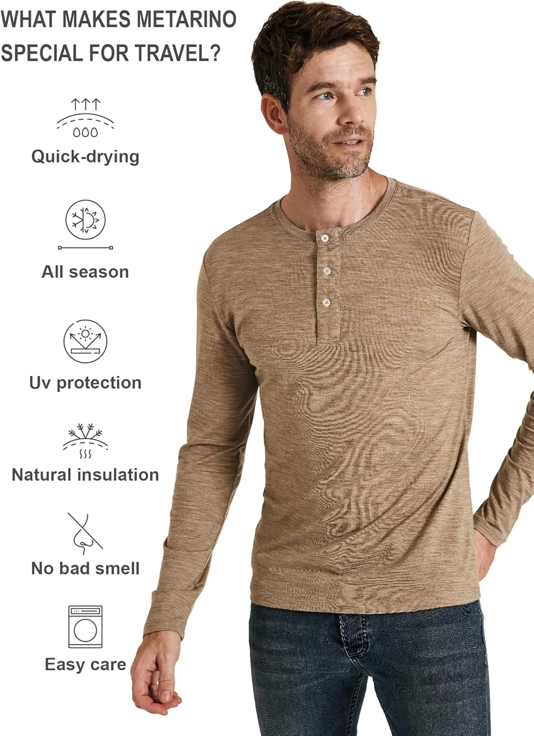 METARINO Men's Merino Wool Henley T-Shirt Long Sleeve Button Shirts Athletic Shirt Tees Tops for Travel,Cycling,Running