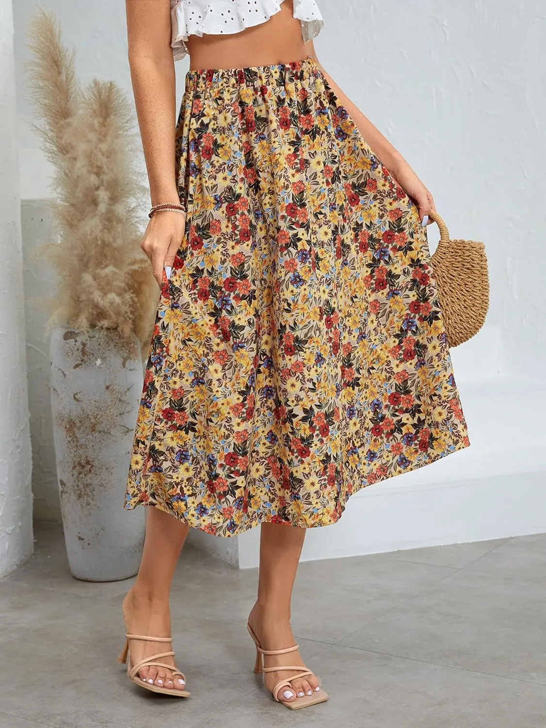 Milumia Women's Vintage Printed A Line High Waist Flare Flowy Casual Midi Skirts