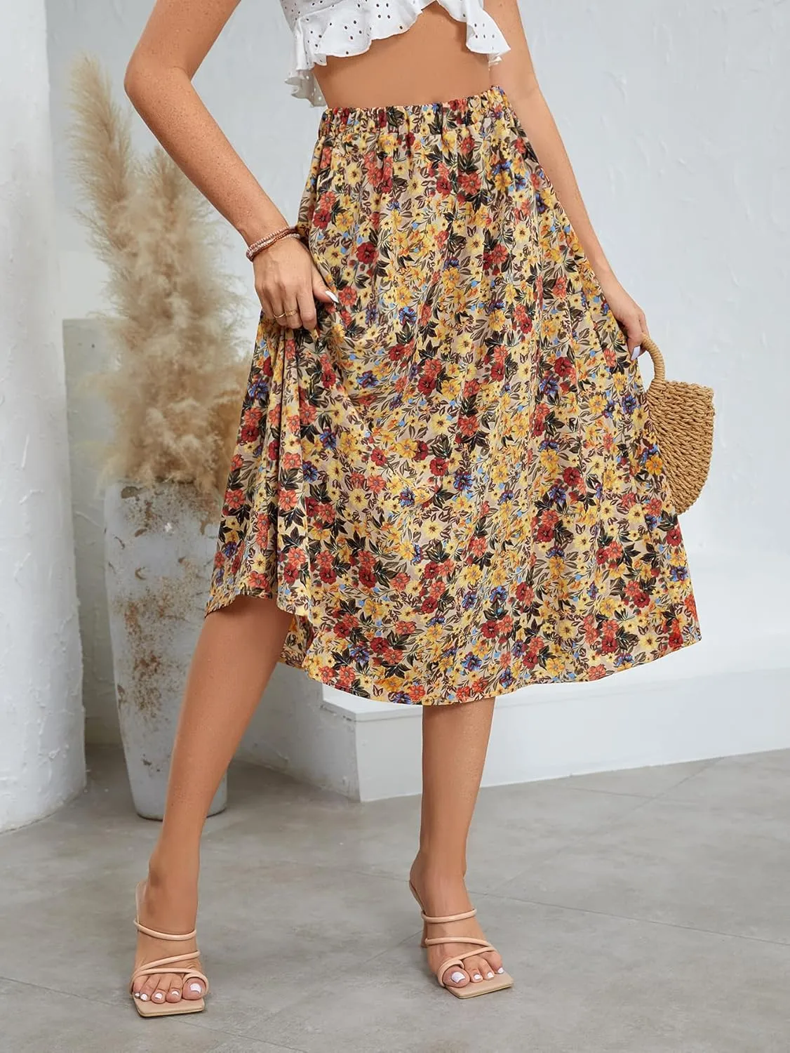Milumia Women's Vintage Printed A Line High Waist Flare Flowy Casual Midi Skirts