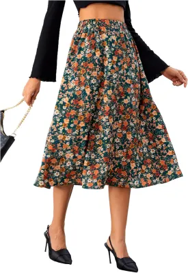 Milumia Women's Vintage Printed A Line High Waist Flare Flowy Casual Midi Skirts