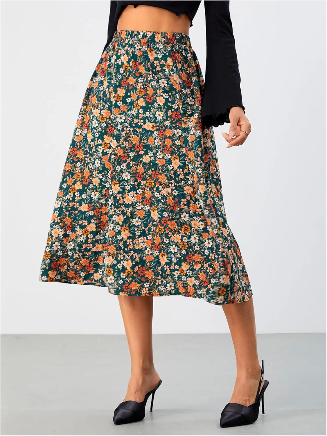 Milumia Women's Vintage Printed A Line High Waist Flare Flowy Casual Midi Skirts