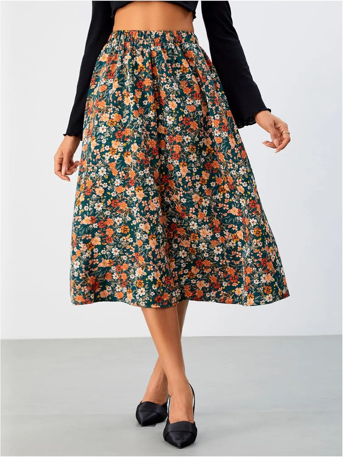 Milumia Women's Vintage Printed A Line High Waist Flare Flowy Casual Midi Skirts