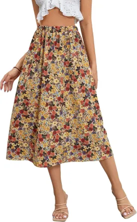 Milumia Women's Vintage Printed A Line High Waist Flare Flowy Casual Midi Skirts