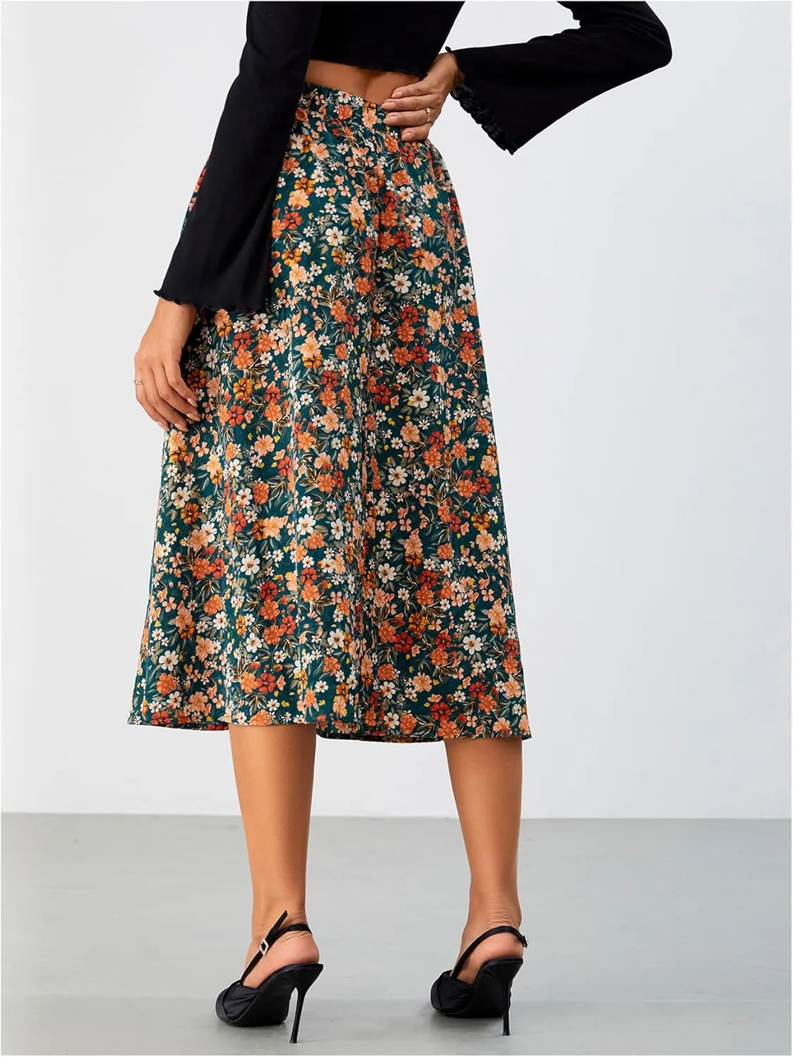 Milumia Women's Vintage Printed A Line High Waist Flare Flowy Casual Midi Skirts