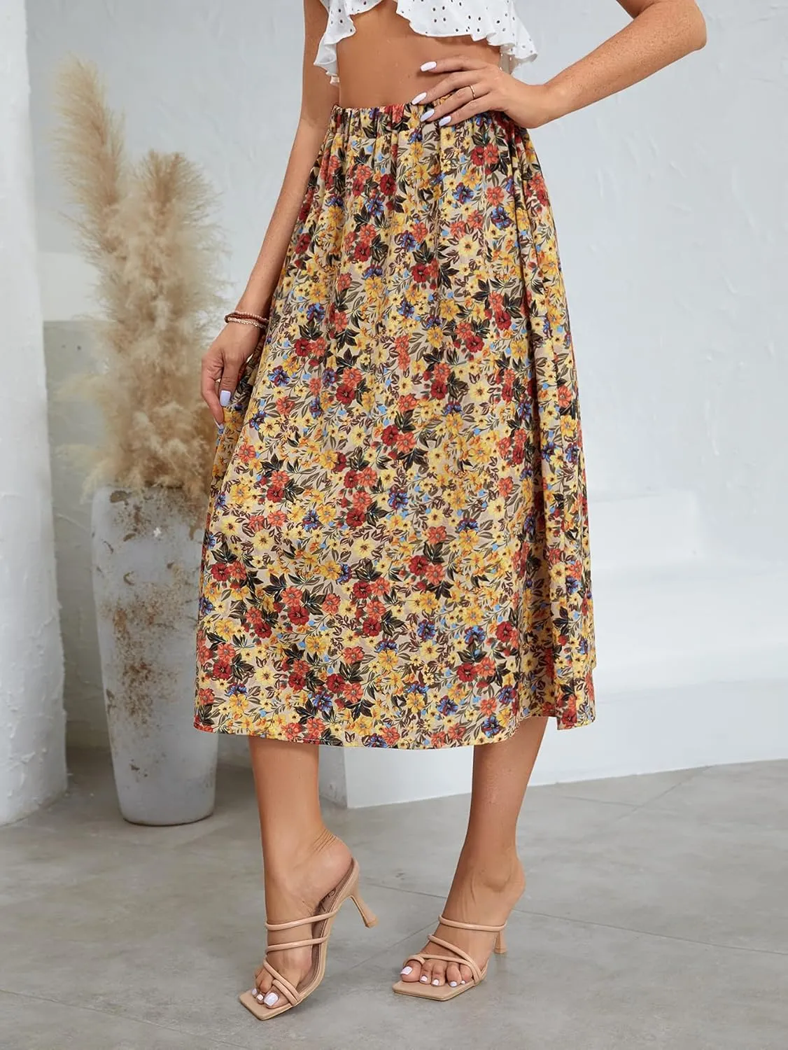 Milumia Women's Vintage Printed A Line High Waist Flare Flowy Casual Midi Skirts