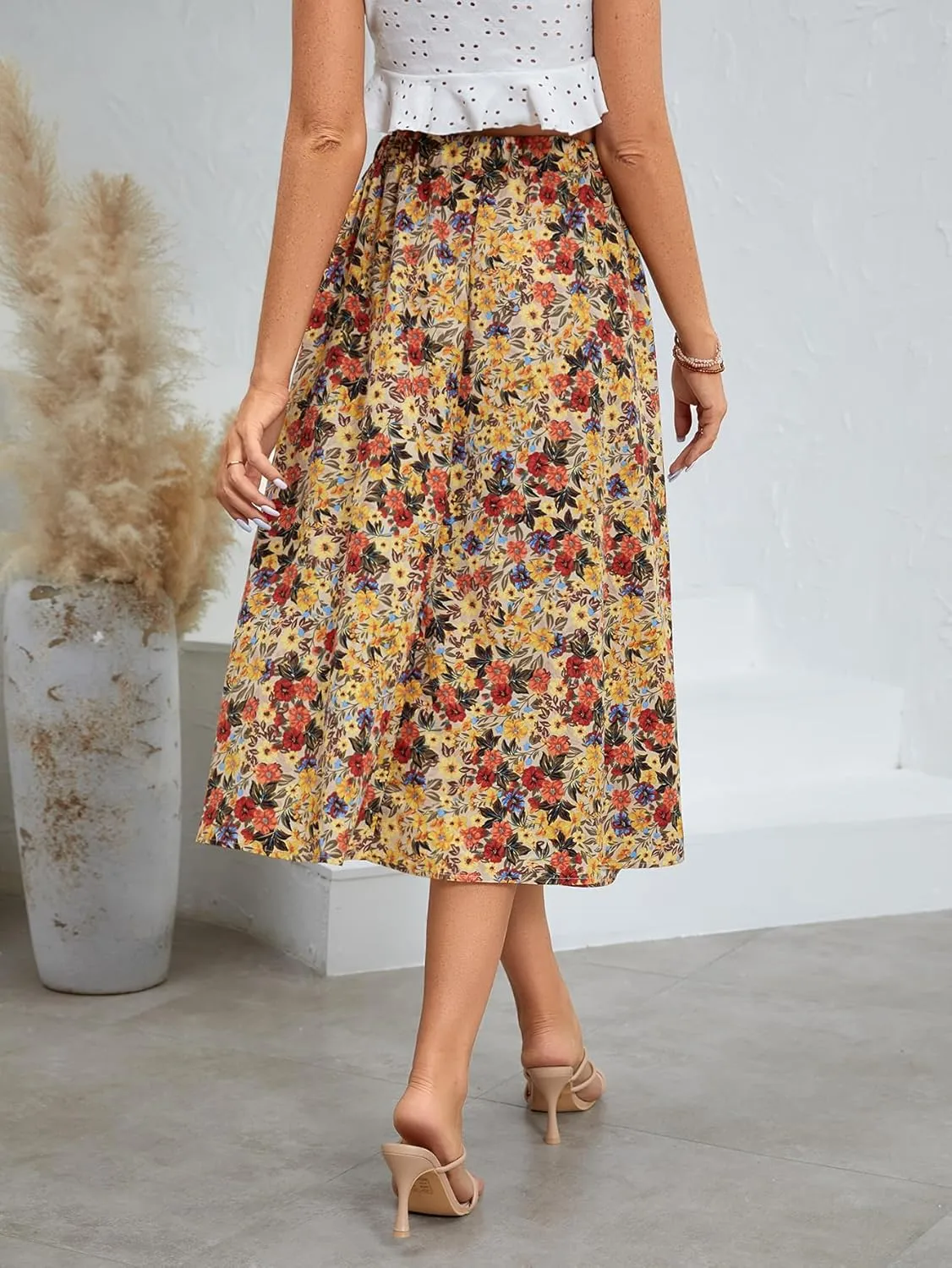 Milumia Women's Vintage Printed A Line High Waist Flare Flowy Casual Midi Skirts