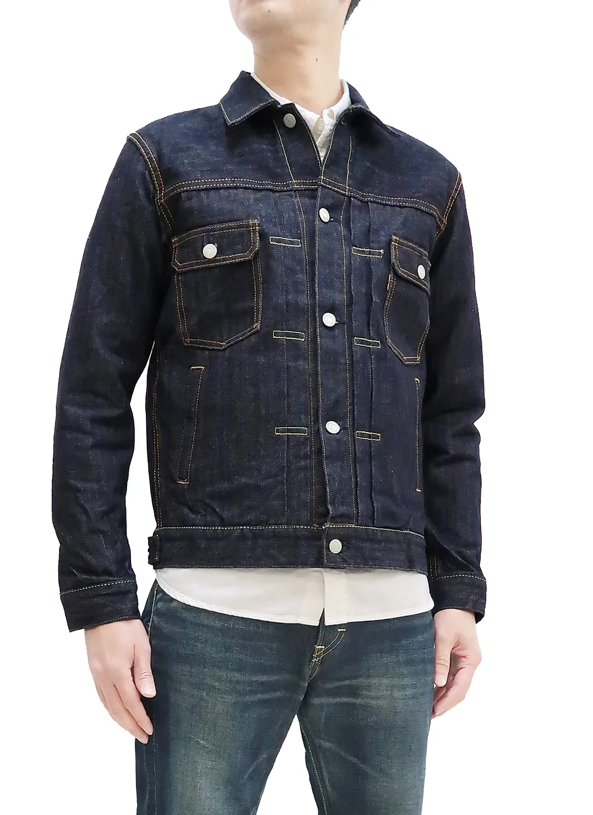 Momotaro Jeans Jacket Men's Modern Indigo Herringbone Denim Trucker Jacket MJK0010M23R Indigo