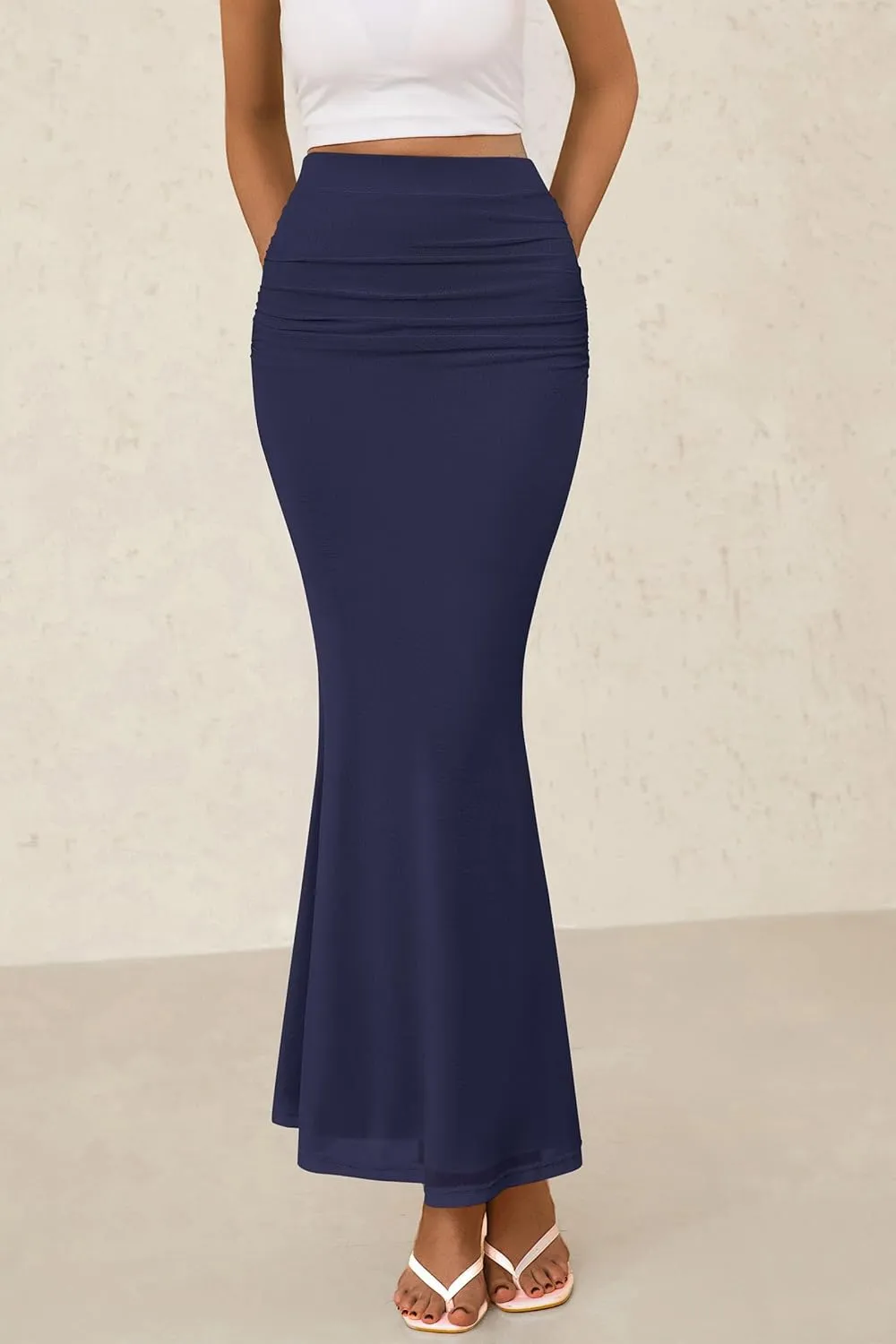 PRETTYGARDEN Women Fitted Mesh Mermaid Skirt 2025 Spring Summer Casual High Waisted Ruched Maxi Long Bodycon Going Out Skirts