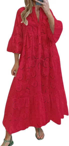 Ru Sweet Womens Elegant Lace Embroidered Eyelet Maxi Dress V-Neck Trumpet Sleeve Ruffle Boho Flowy Swing Dress