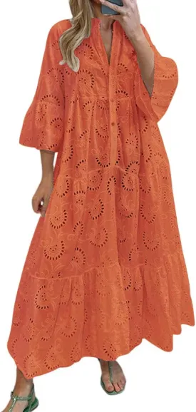 Ru Sweet Womens Elegant Lace Embroidered Eyelet Maxi Dress V-Neck Trumpet Sleeve Ruffle Boho Flowy Swing Dress