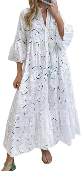 Ru Sweet Womens Elegant Lace Embroidered Eyelet Maxi Dress V-Neck Trumpet Sleeve Ruffle Boho Flowy Swing Dress