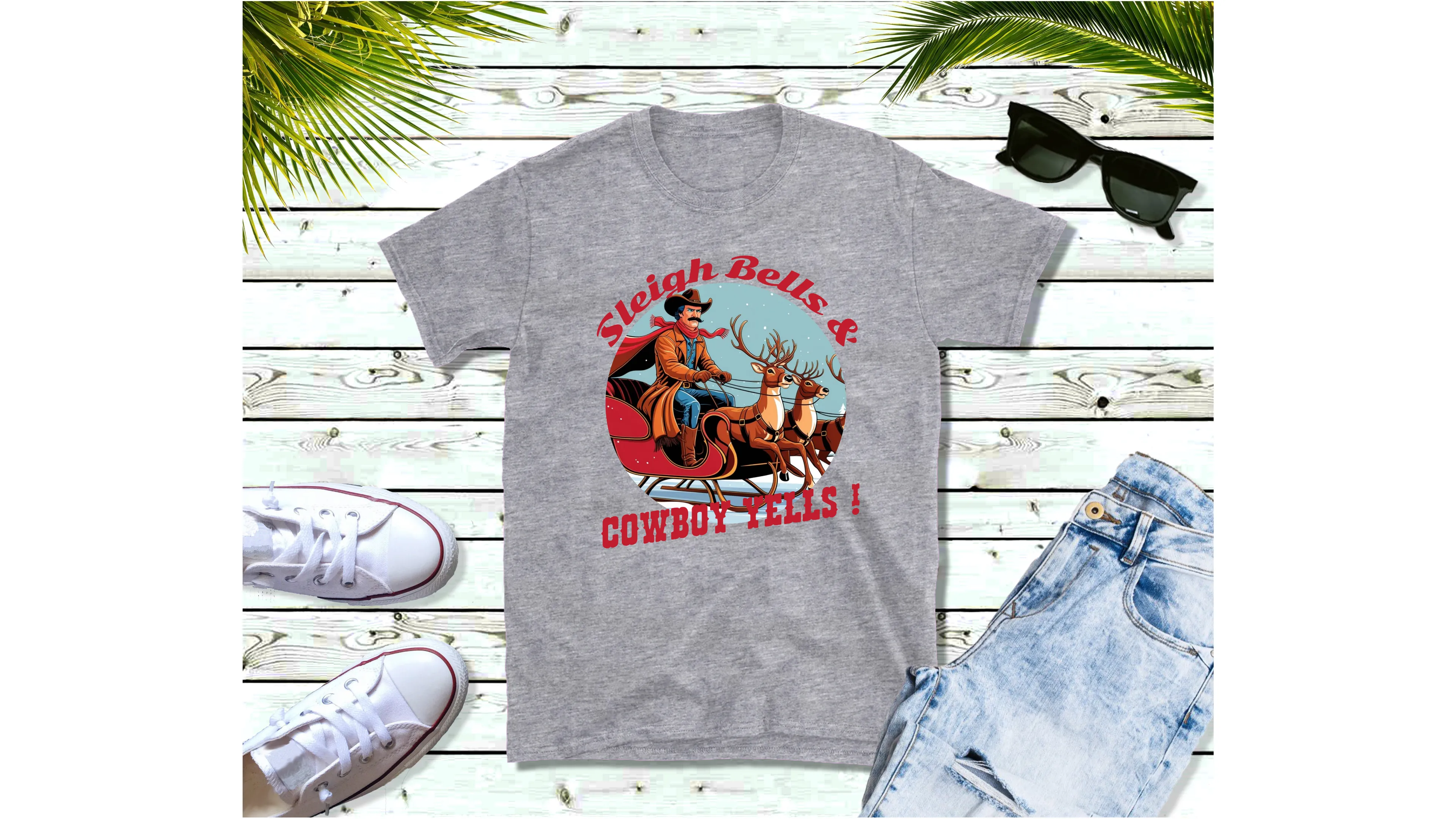 Sleigh Bells & Cowboy Yells Tee, Christmas T-Shirt, Country Christmas shirt, Christmas Graphic Tee