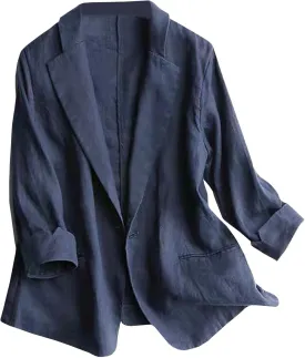SOMTHRON Women's Casual Linen Blazer 3/4 Sleeve One Button Lapel Lightweight Work Office Dressy Suit Jacket