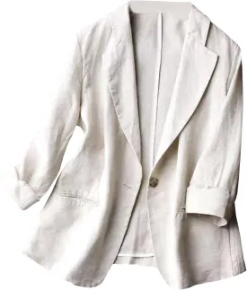 SOMTHRON Women's Casual Linen Blazer 3/4 Sleeve One Button Lapel Lightweight Work Office Dressy Suit Jacket