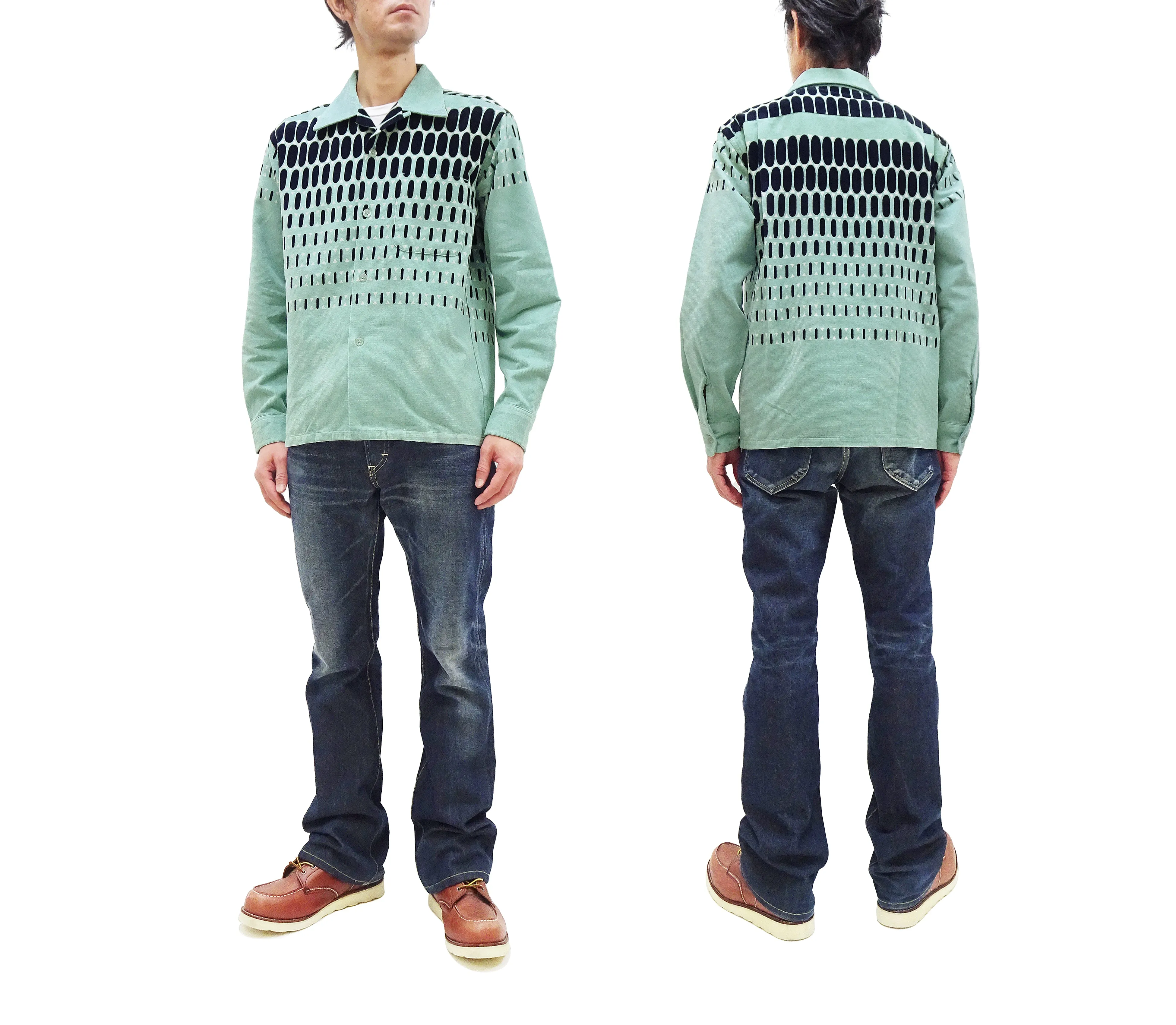 Style Eyes Corduroy Sport Shirt Men's 1950s Style Long Sleeve Button Up Shirt ELVIS DOT Pattern SE29169 141 Mint Green
