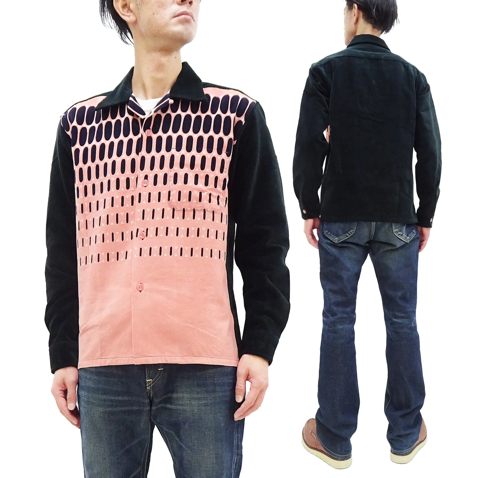 Style Eyes Corduroy Sport Shirt Men's 1950s Style Long Sleeve Button Up Shirt ELVIS DOT Pattern With Two-Tone Design SE29170 162 Pink/Black
