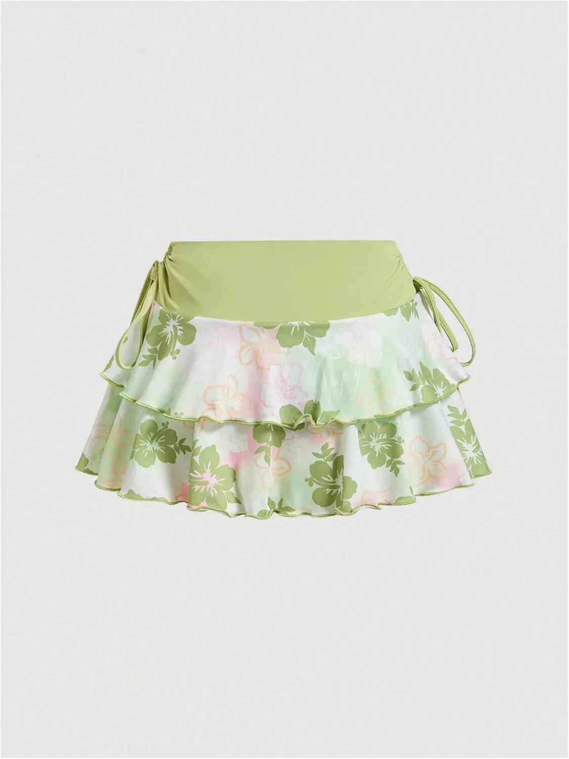 Verdusa Women's Floral Print Layered Ruffle Mini Skirts Tied Side Boho Flowy Short Skirt
