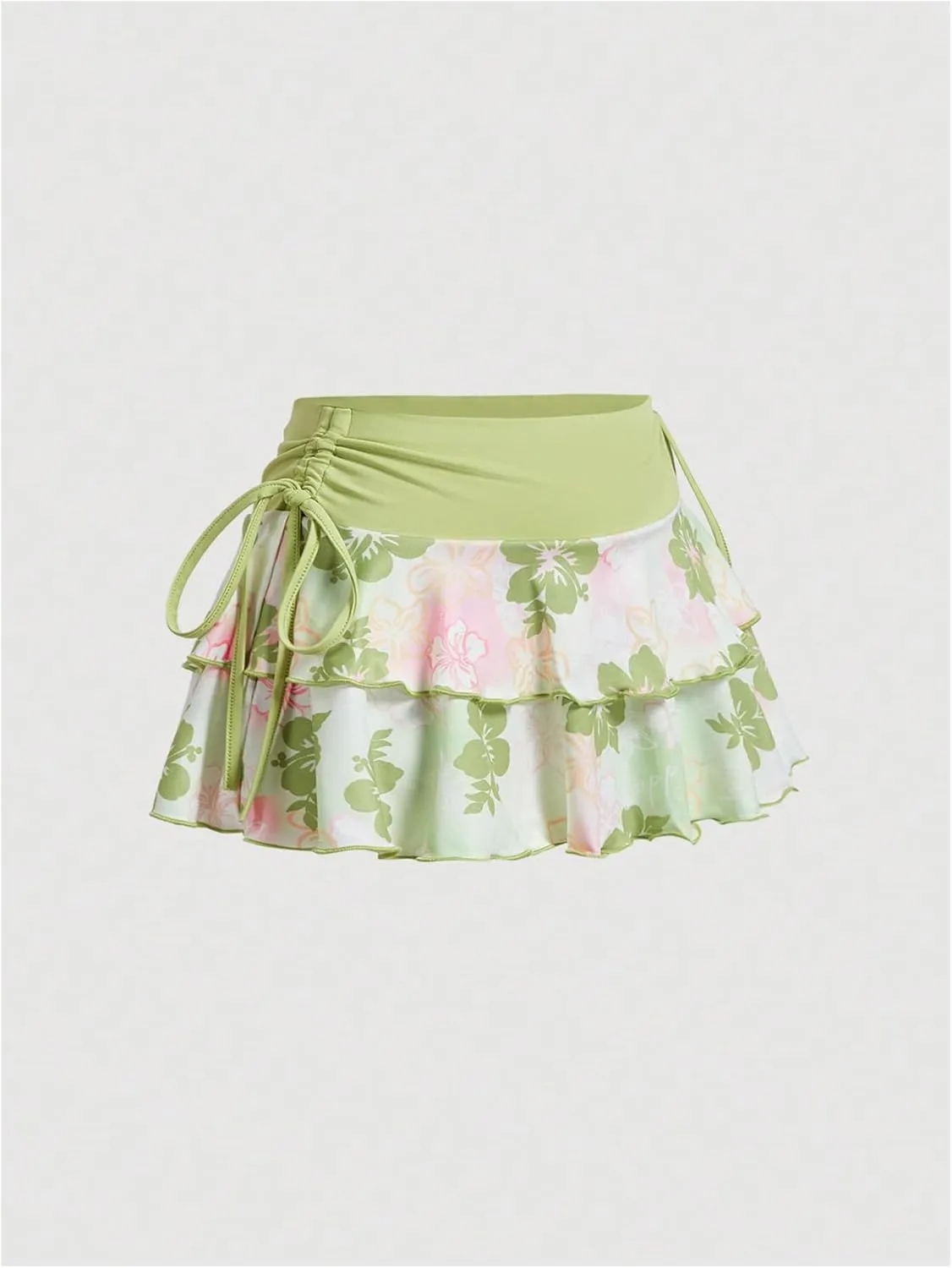 Verdusa Women's Floral Print Layered Ruffle Mini Skirts Tied Side Boho Flowy Short Skirt