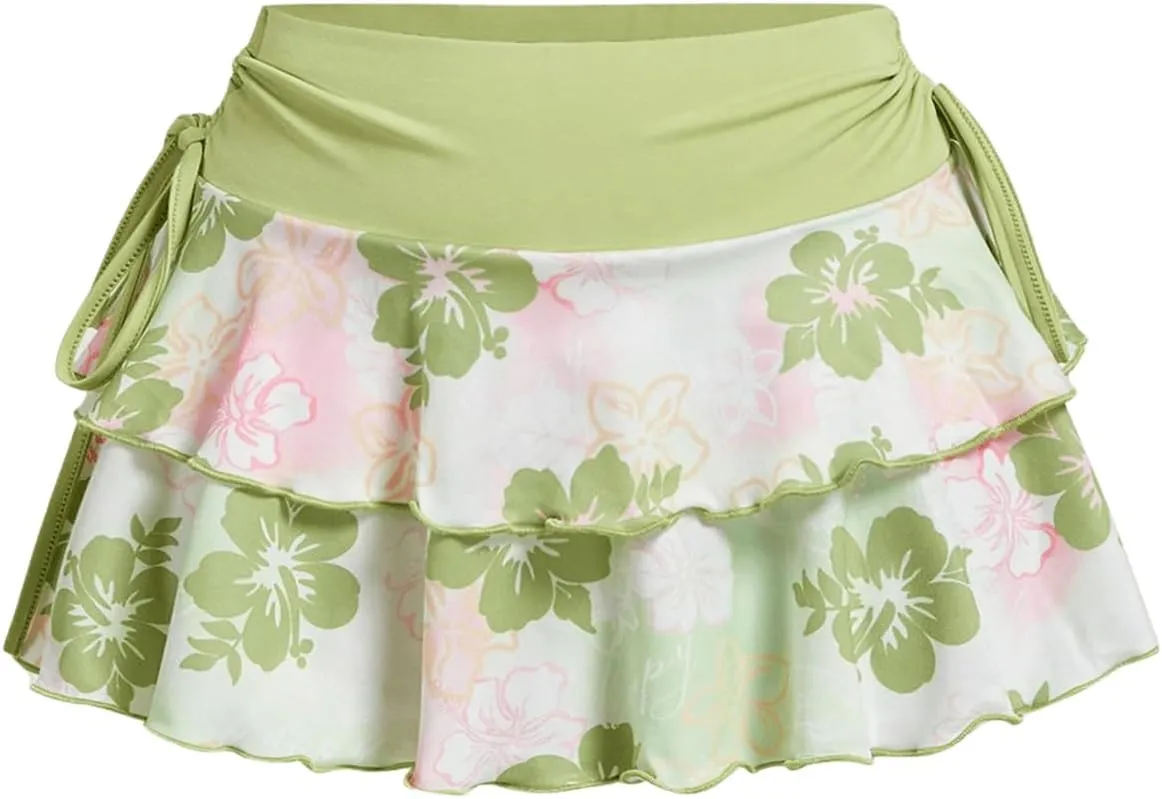 Verdusa Women's Floral Print Layered Ruffle Mini Skirts Tied Side Boho Flowy Short Skirt