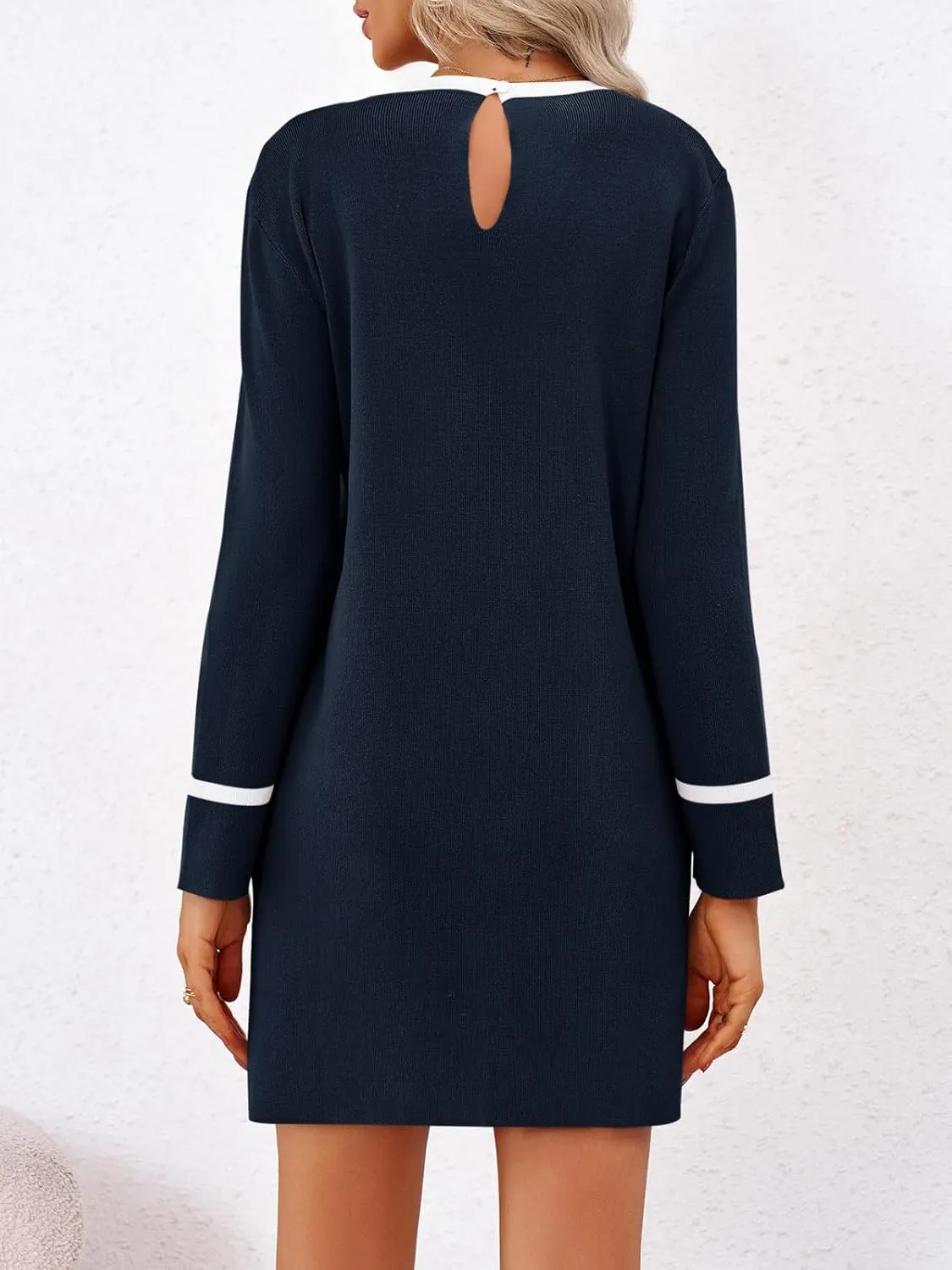 Wenrine Womens Sweater Dress Casual Contrast Color Elegant Work Business Long Sleeve Knit Fall Mini Dress