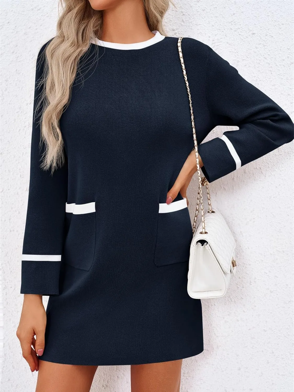 Wenrine Womens Sweater Dress Casual Contrast Color Elegant Work Business Long Sleeve Knit Fall Mini Dress