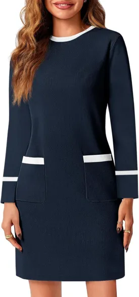 Wenrine Womens Sweater Dress Casual Contrast Color Elegant Work Business Long Sleeve Knit Fall Mini Dress
