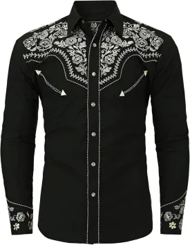 Western Embroidered Cowboy Shirts for Men, Casual Button Down Long Sleeve Shirt Floral Design Retro Shirt