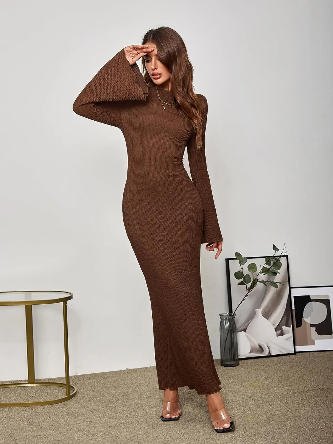Women Long Sleeve Bodycon Maxi Dress Crew Neck Formal Elegant Wedding Guest Fall Knit Long Dresses