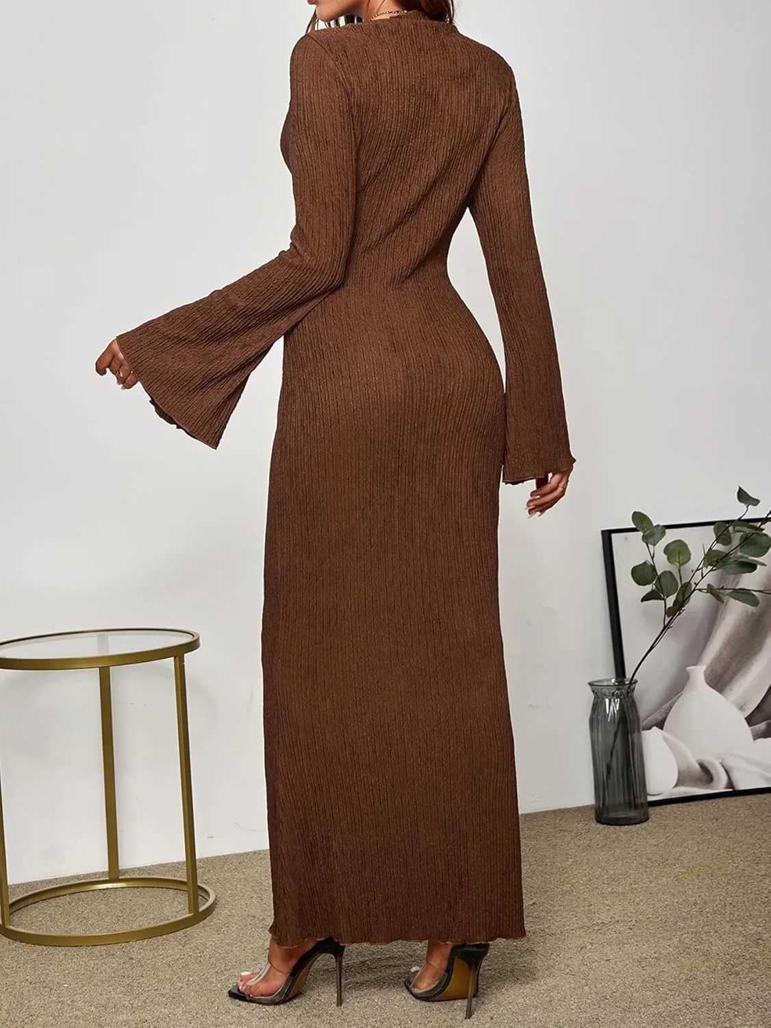 Women Long Sleeve Bodycon Maxi Dress Crew Neck Formal Elegant Wedding Guest Fall Knit Long Dresses