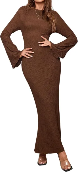 Women Long Sleeve Bodycon Maxi Dress Crew Neck Formal Elegant Wedding Guest Fall Knit Long Dresses