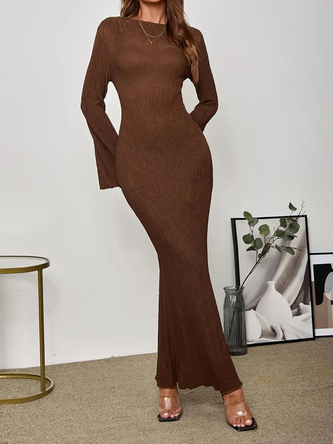 Women Long Sleeve Bodycon Maxi Dress Crew Neck Formal Elegant Wedding Guest Fall Knit Long Dresses