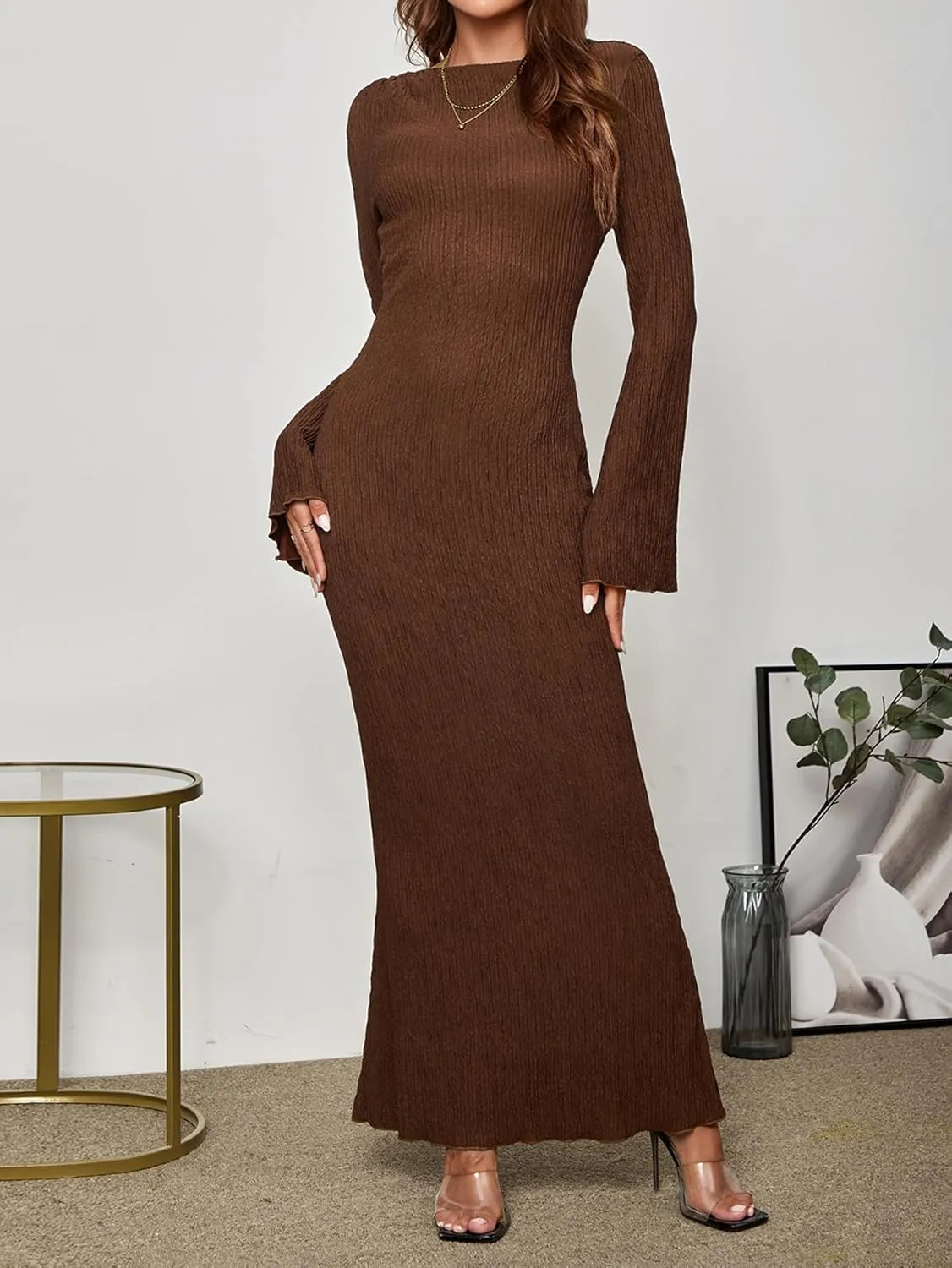Women Long Sleeve Bodycon Maxi Dress Crew Neck Formal Elegant Wedding Guest Fall Knit Long Dresses