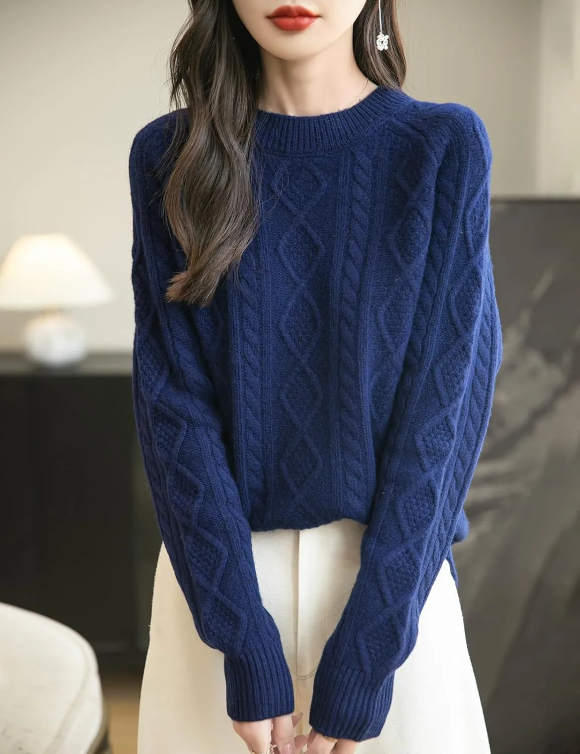Women's 100% Merino Wool Sweater 2025 Fall Winter Casual Crewneck Long Sleeve Vintage Cable Knitted Sweater