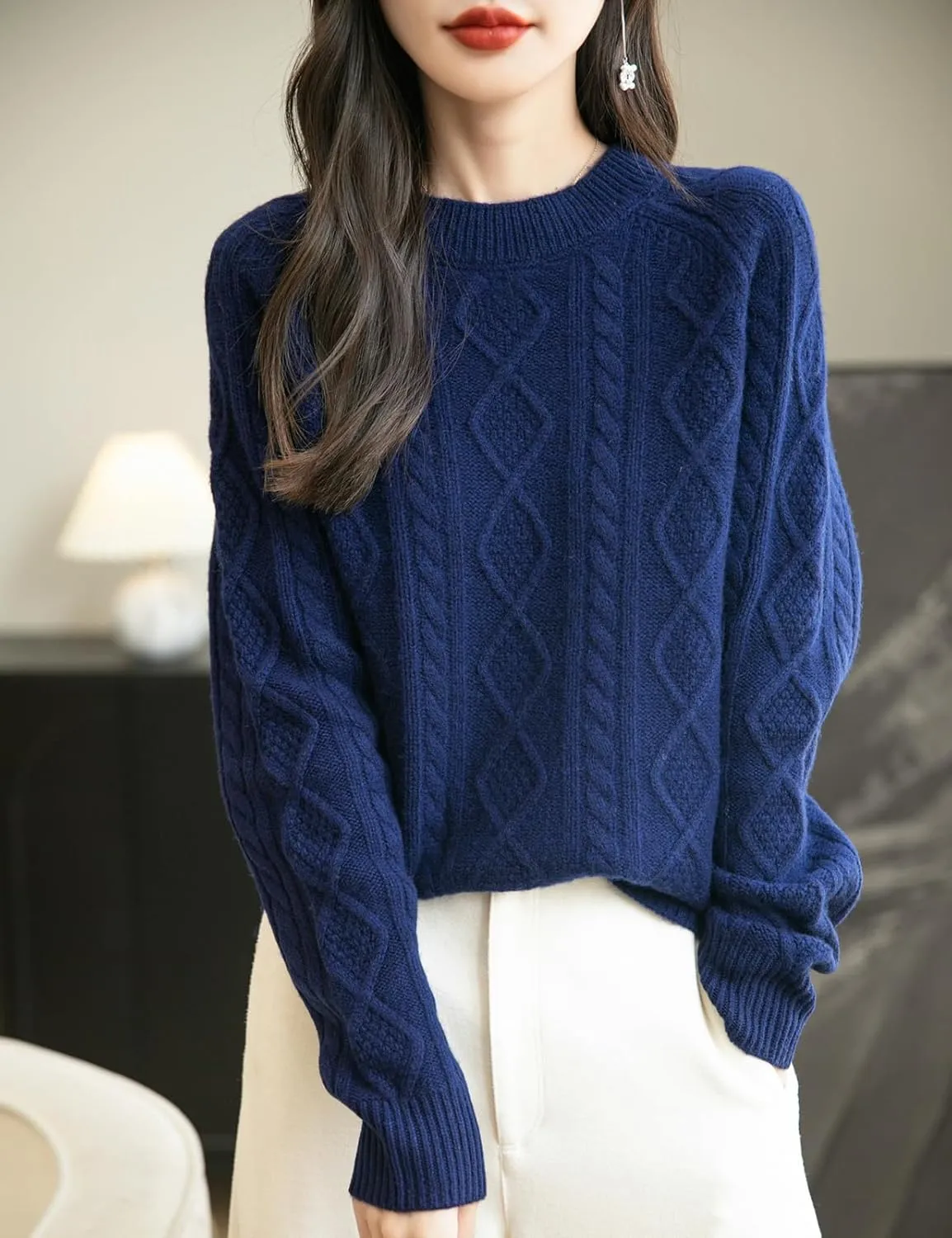 Women's 100% Merino Wool Sweater 2025 Fall Winter Casual Crewneck Long Sleeve Vintage Cable Knitted Sweater