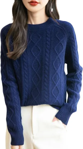 Women's 100% Merino Wool Sweater 2025 Fall Winter Casual Crewneck Long Sleeve Vintage Cable Knitted Sweater