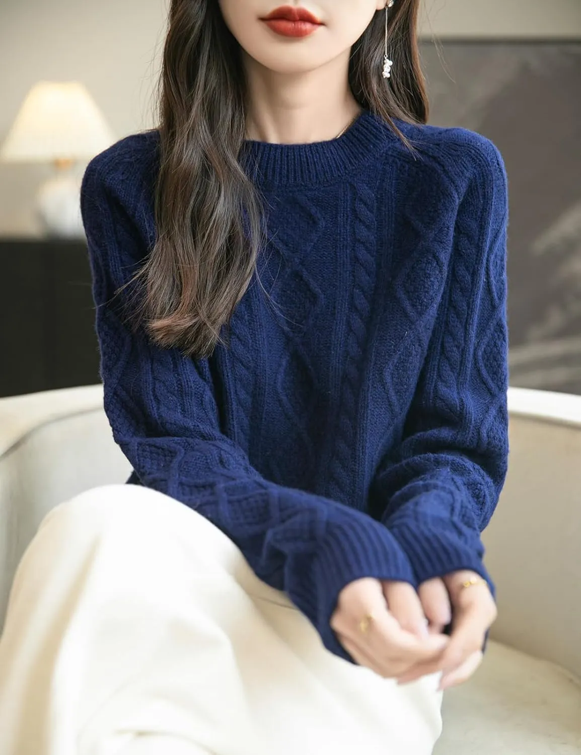 Women's 100% Merino Wool Sweater 2025 Fall Winter Casual Crewneck Long Sleeve Vintage Cable Knitted Sweater
