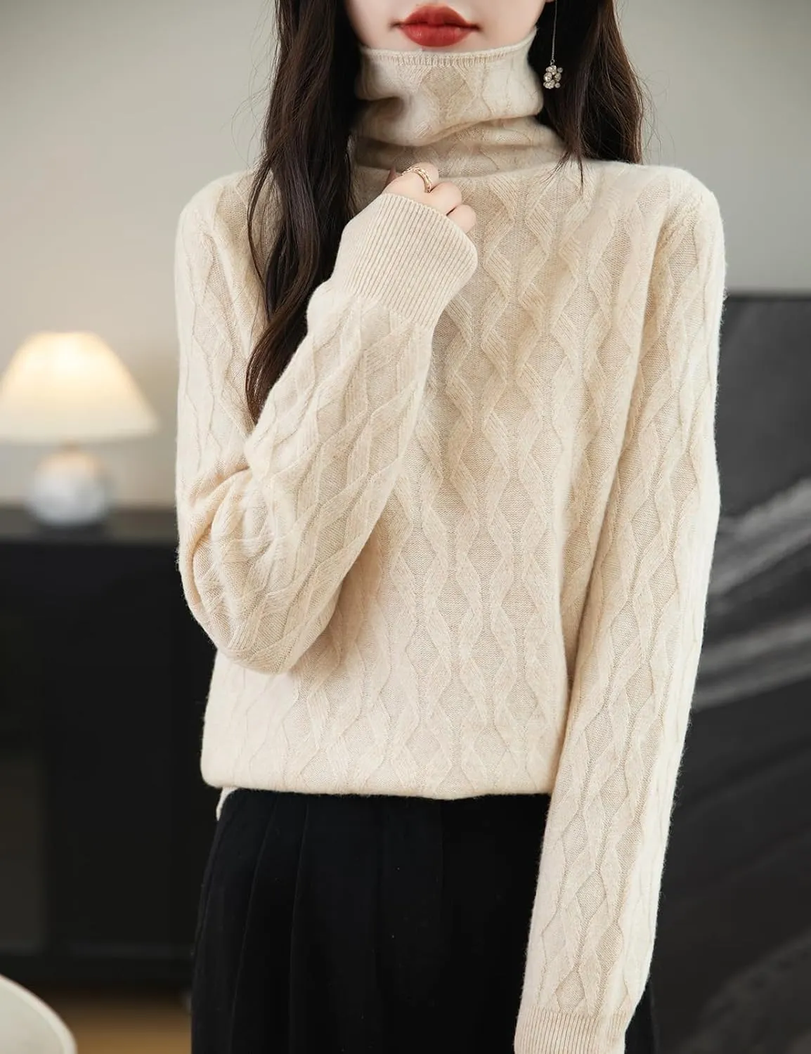Women's 100% Merino Wool Sweater 2025 Fall Winter Solid Turtleneck Long Sleeve Knitted Pullover Sweater Jumper