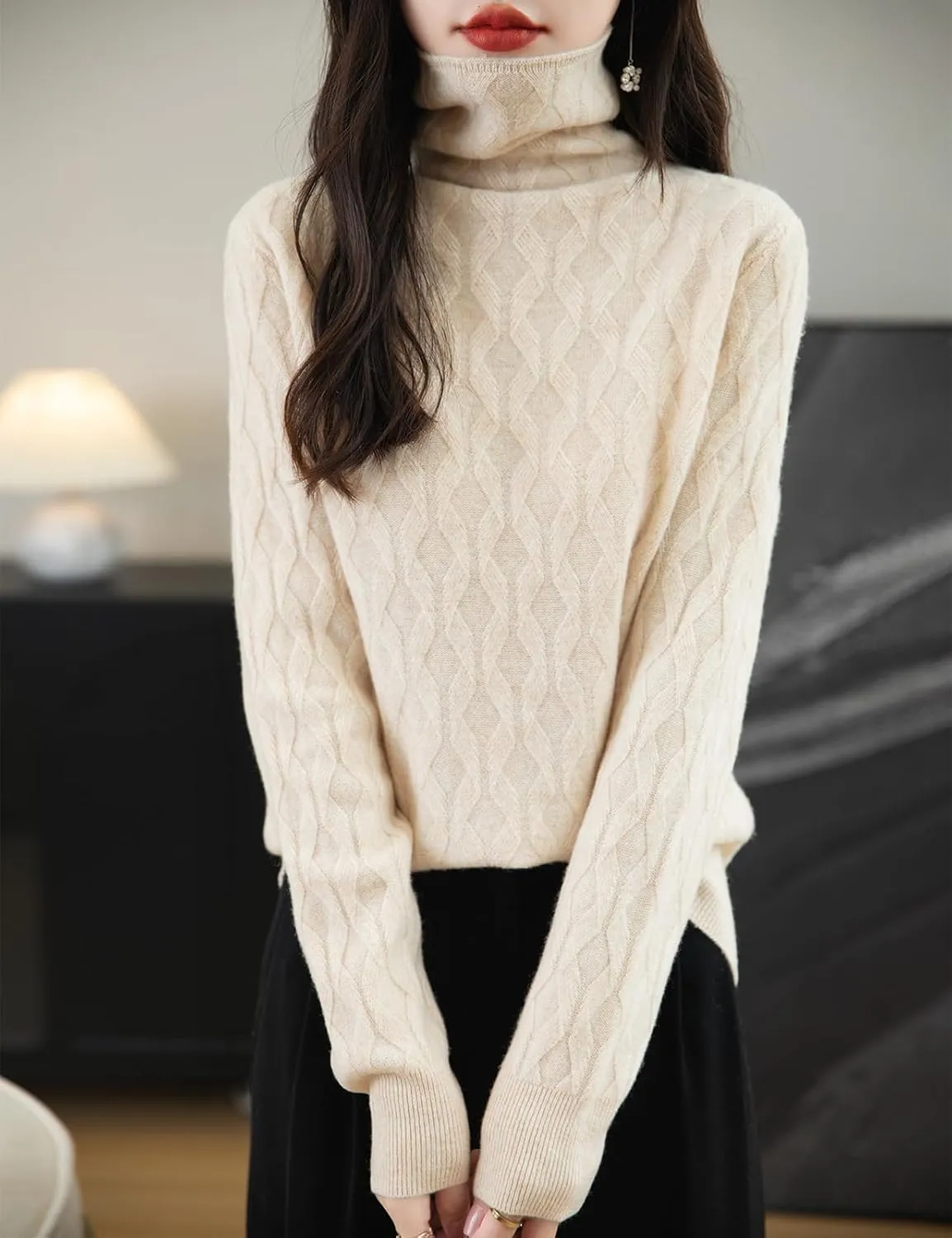 Women's 100% Merino Wool Sweater 2025 Fall Winter Solid Turtleneck Long Sleeve Knitted Pullover Sweater Jumper