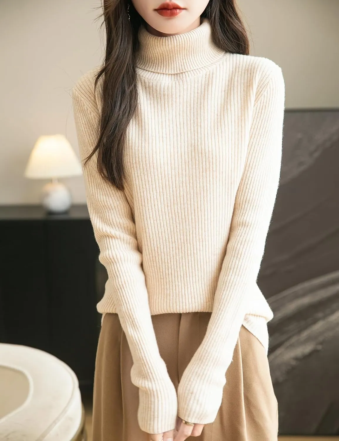 Women's 100% Merino Wool Turtleneck Sweater 2025 Fall Winter Long Sleeve Warm Soft Ribbed Knit Pullover Sweater