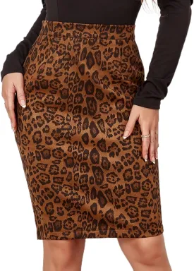 Women's Cheetah Print Skirt Faux Suede Casual High Waist Bodycon Back Slit Midi Pencil Skirts