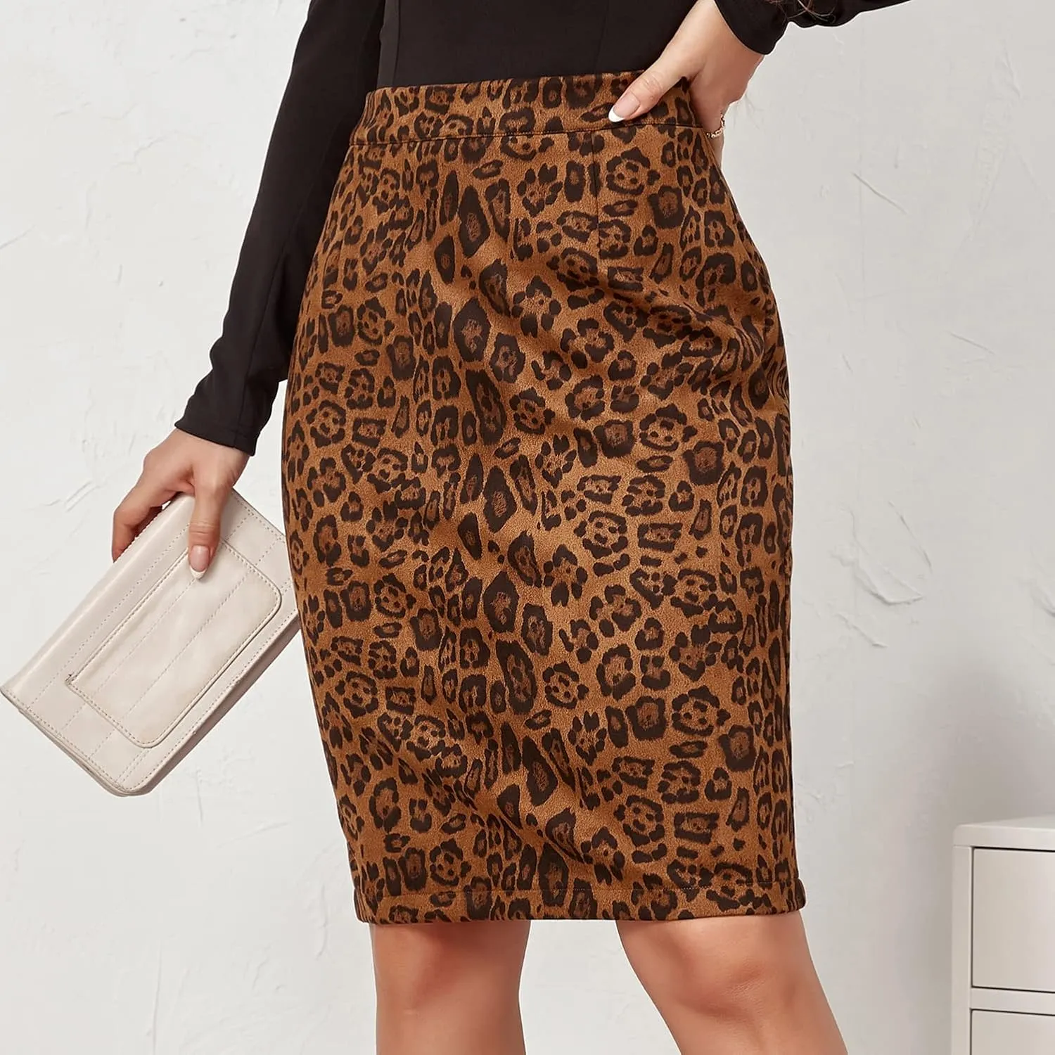 Women's Cheetah Print Skirt Faux Suede Casual High Waist Bodycon Back Slit Midi Pencil Skirts
