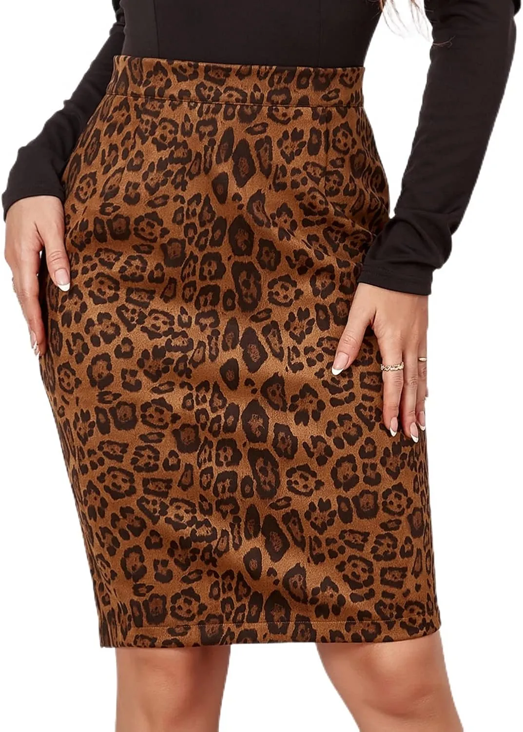 Women's Cheetah Print Skirt Faux Suede Casual High Waist Bodycon Back Slit Midi Pencil Skirts