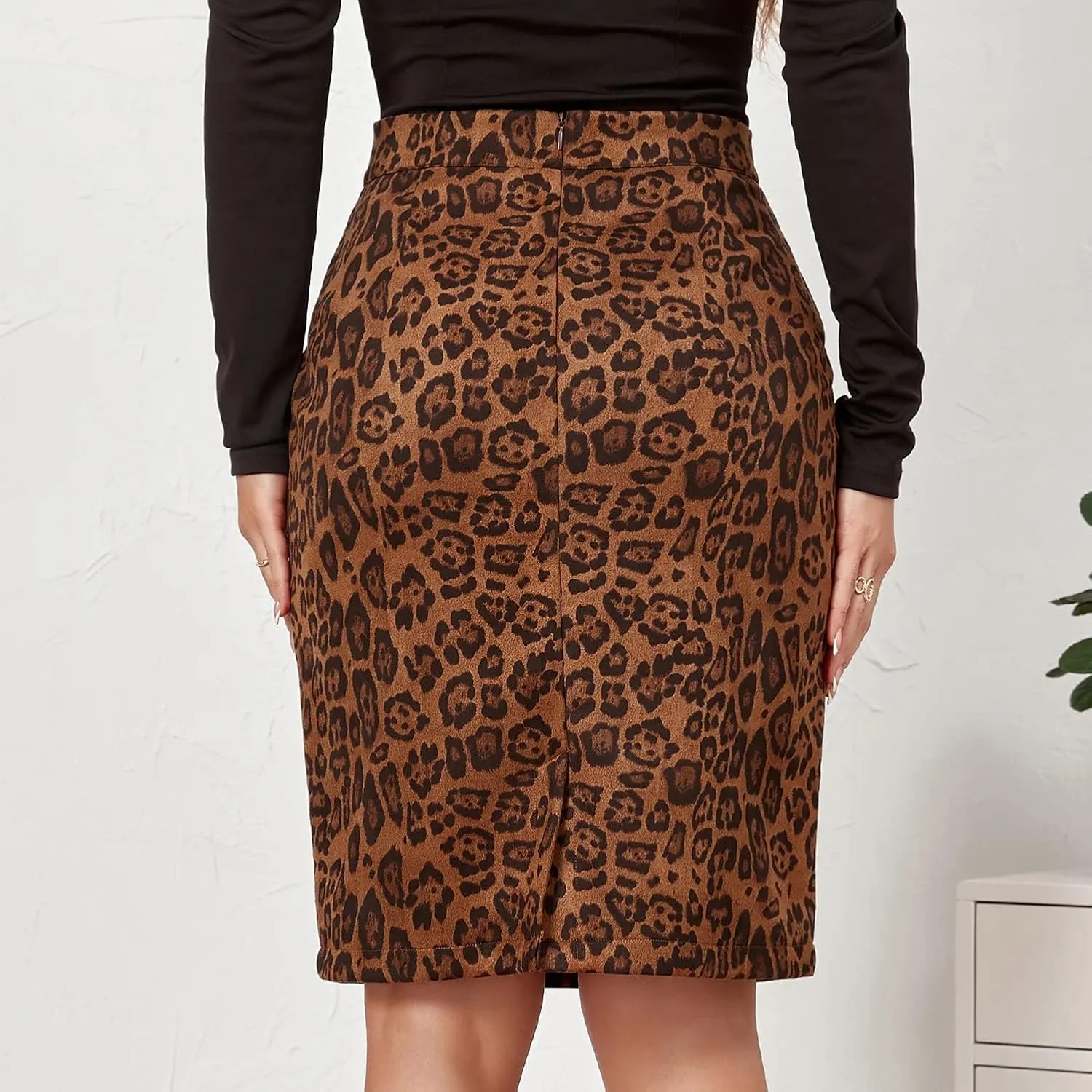 Women's Cheetah Print Skirt Faux Suede Casual High Waist Bodycon Back Slit Midi Pencil Skirts